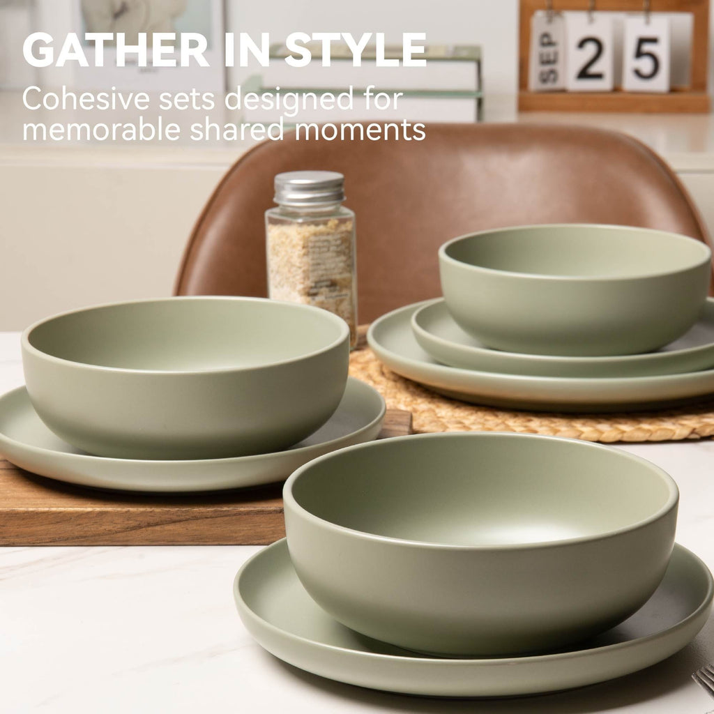 12-Piece Stoneware Dinnerware Sets with Mugs | Microwave & Dishwasher Safe | Non-Toxic Dinner Plates Bowls Set | Stackable Matte Glaze Kitchenware for 3