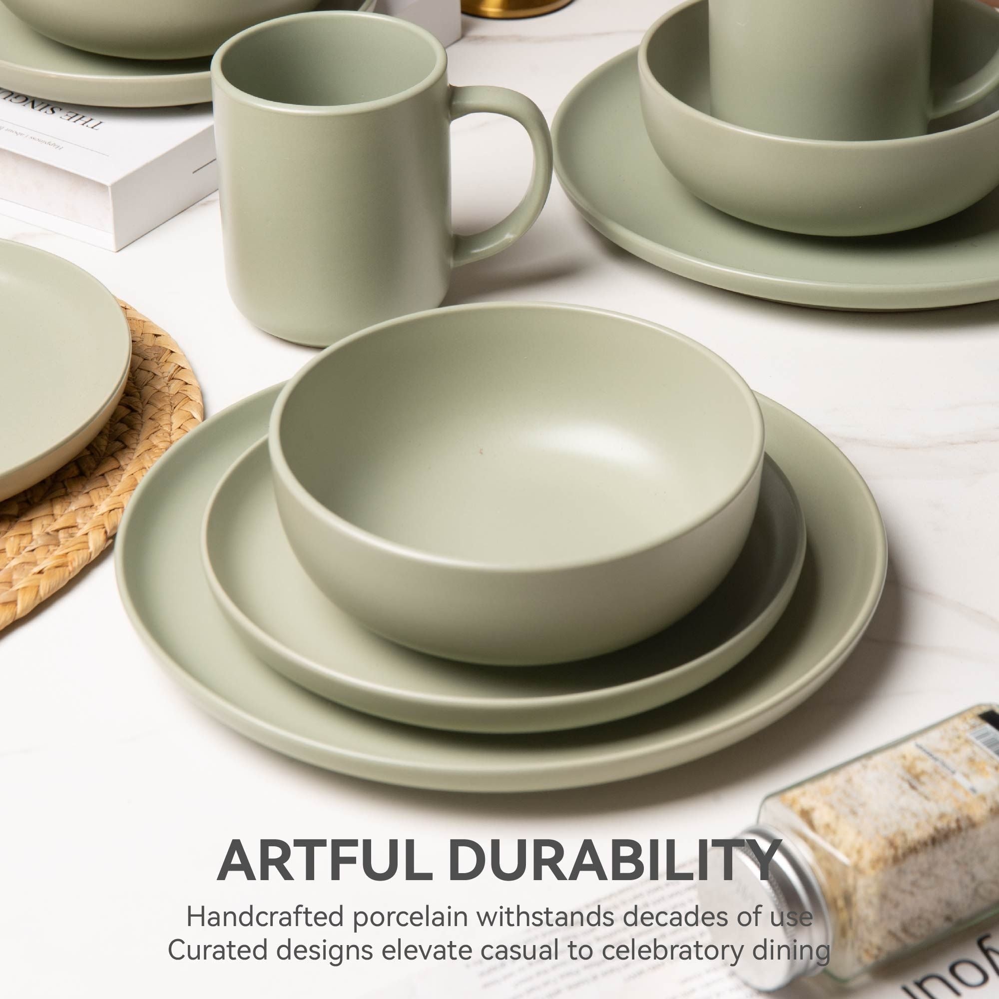 12-Piece Stoneware Dinnerware Sets with Mugs | Microwave & Dishwasher Safe | Non-Toxic Dinner Plates Bowls Set | Stackable Matte Glaze Kitchenware for 3