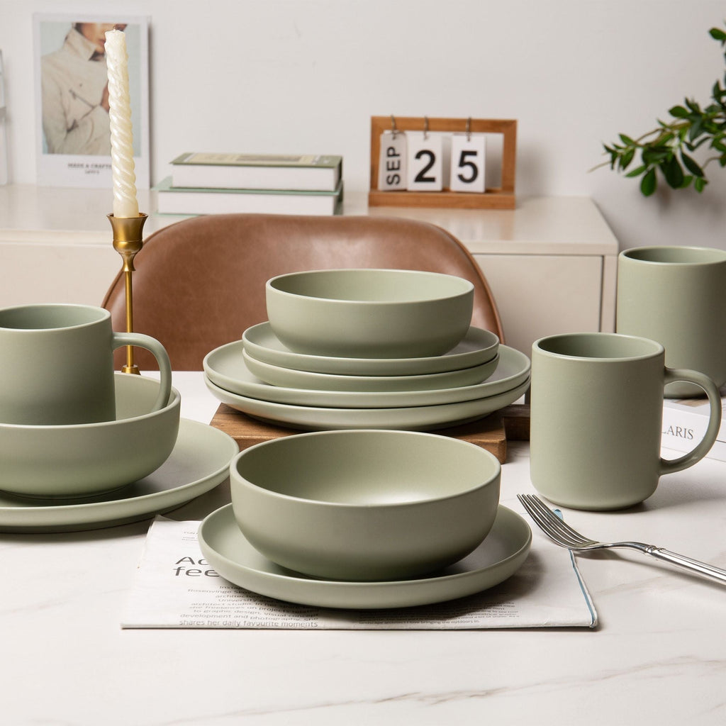 12-Piece Stoneware Dinnerware Sets with Mugs | Microwave & Dishwasher Safe | Non-Toxic Dinner Plates Bowls Set | Stackable Matte Glaze Kitchenware for 3