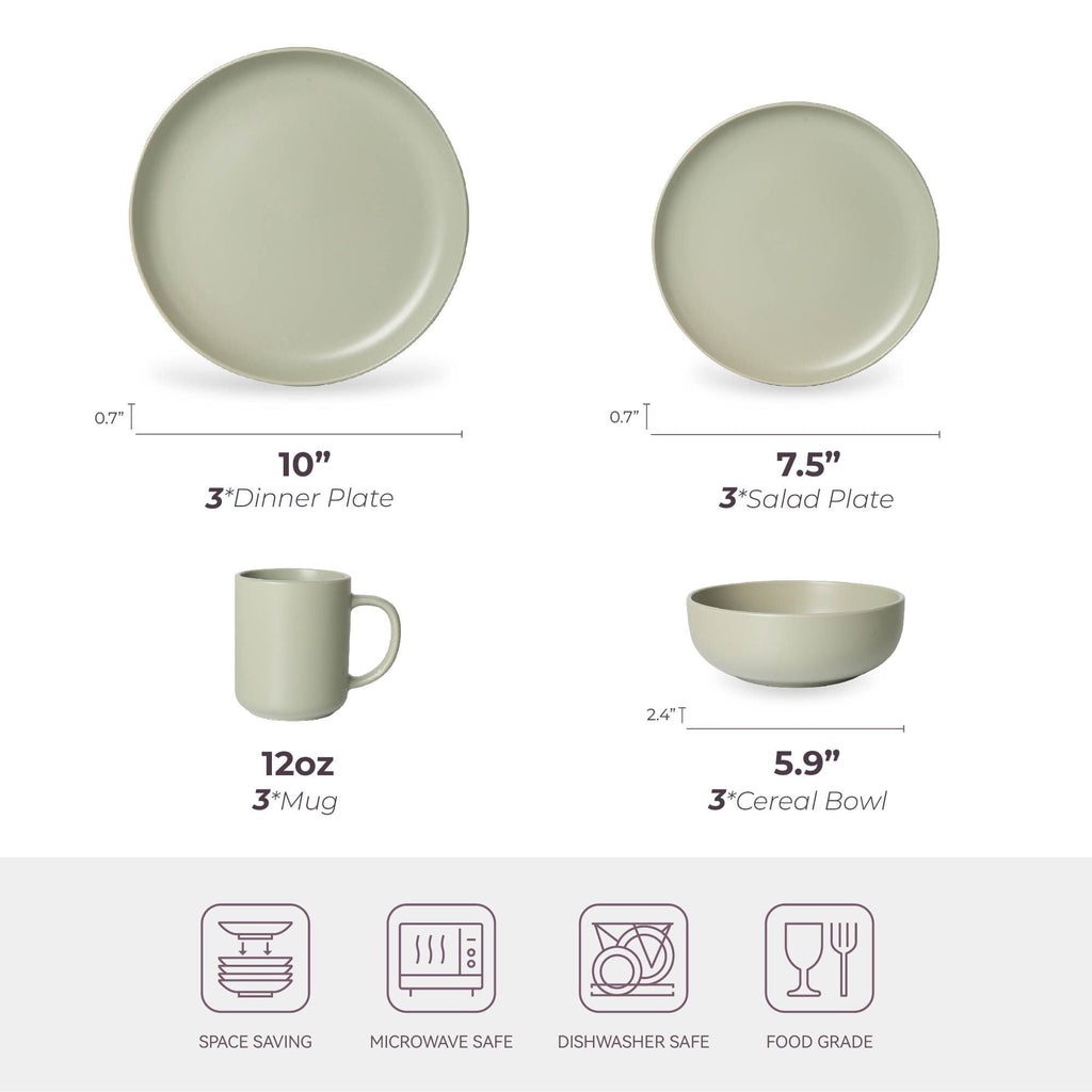 12-Piece Stoneware Dinnerware Sets with Mugs | Microwave & Dishwasher Safe | Non-Toxic Dinner Plates Bowls Set | Stackable Matte Glaze Kitchenware for 3