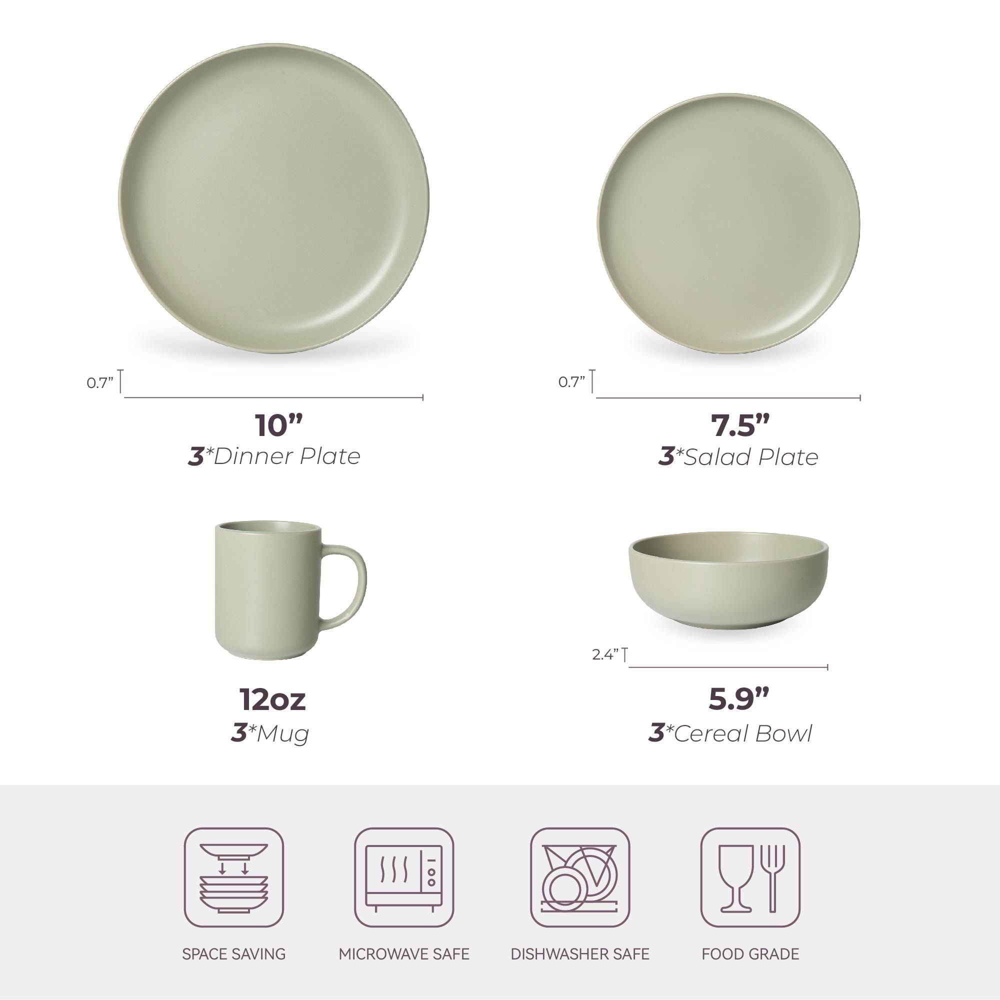 12-Piece Stoneware Dinnerware Sets with Mugs | Microwave & Dishwasher Safe | Non-Toxic Dinner Plates Bowls Set | Stackable Matte Glaze Kitchenware for 3