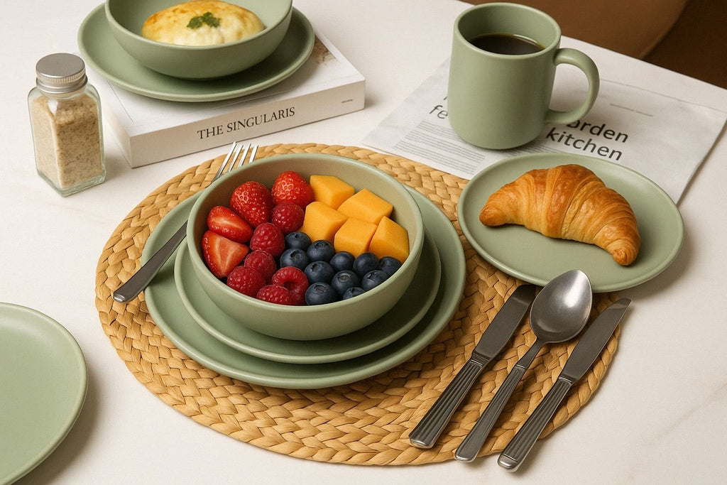 12-Piece Stoneware Dinnerware Sets with Mugs | Microwave & Dishwasher Safe | Non-Toxic Dinner Plates Bowls Set | Stackable Matte Glaze Kitchenware for 3