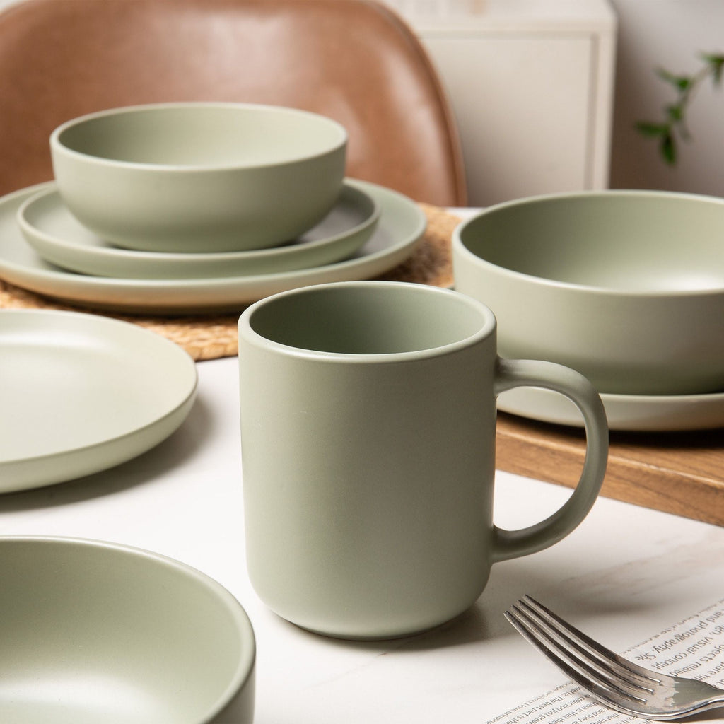 12-Piece Stoneware Dinnerware Sets with Mugs | Microwave & Dishwasher Safe | Non-Toxic Dinner Plates Bowls Set | Stackable Matte Glaze Kitchenware for 3