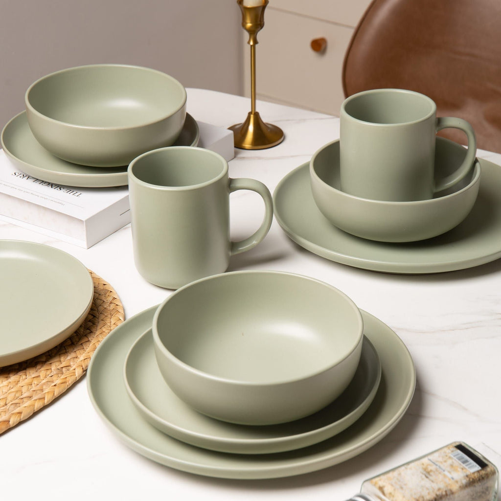 12-Piece Stoneware Dinnerware Sets with Mugs | Microwave & Dishwasher Safe | Non-Toxic Dinner Plates Bowls Set | Stackable Matte Glaze Kitchenware for 3