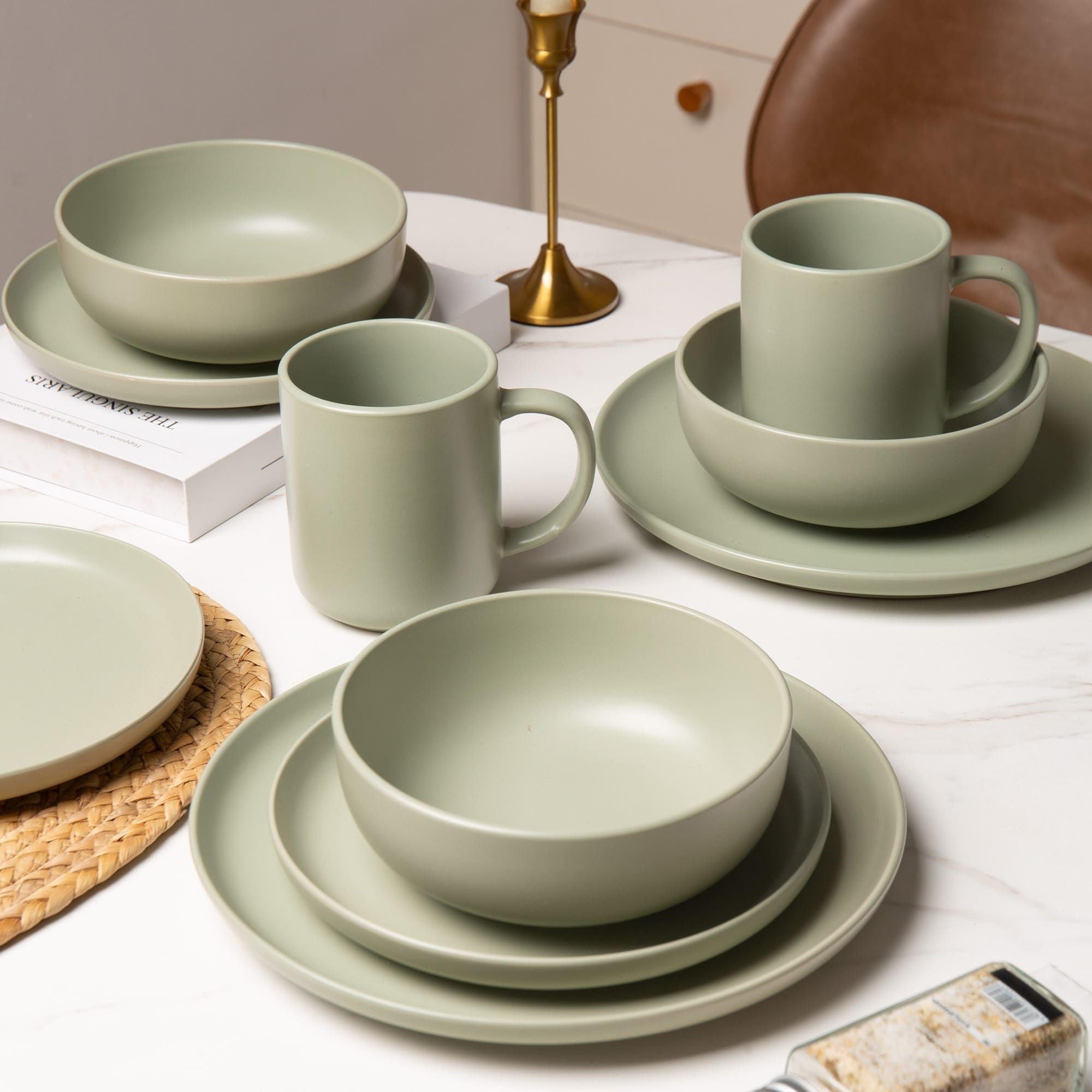 12-Piece Stoneware Dinnerware Sets with Mugs | Microwave & Dishwasher Safe | Non-Toxic Dinner Plates Bowls Set | Stackable Matte Glaze Kitchenware for 3