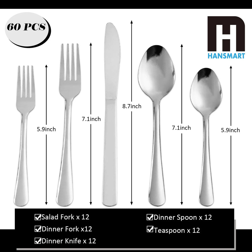 HANSMART 60Pcs Stainless Steel Flatware Set Dishwasher Safe