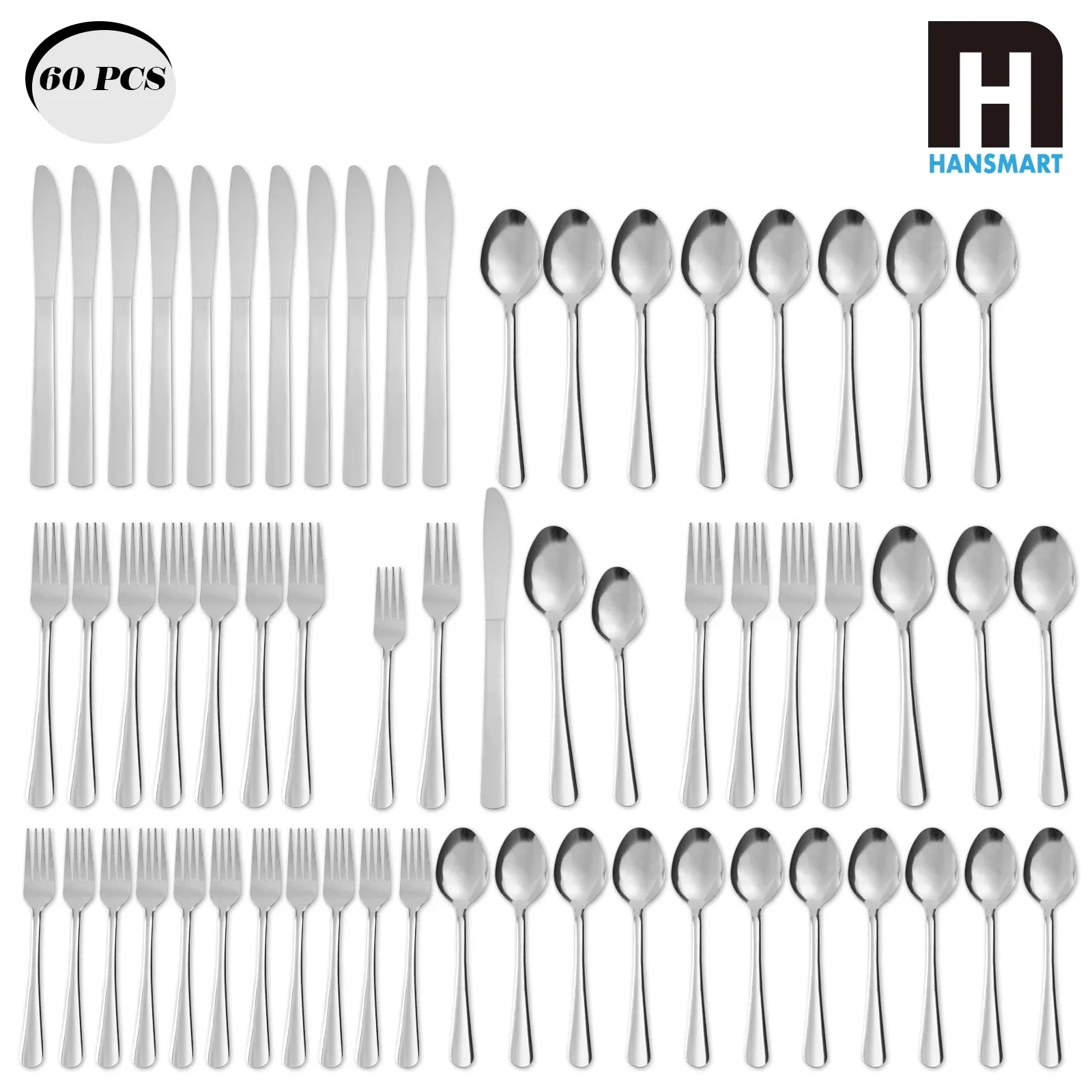 HANSMART 60Pcs Stainless Steel Flatware Set Dishwasher Safe